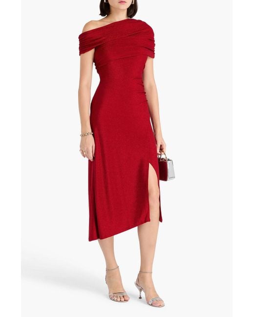 Diane von Furstenberg Red Agustin One-shoulder Ruched Metallic Jersey Midi Dress