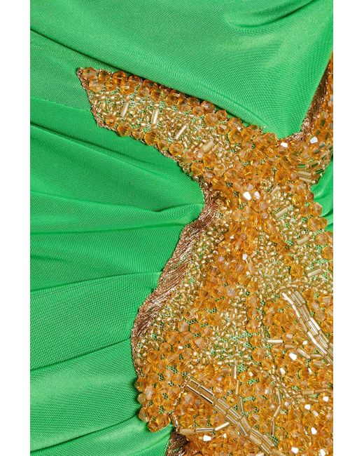 Rhea Costa Green Wrap-effect Embellished Satin-jersey Gown