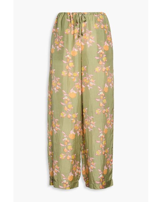 HANNAH Green Azra Printed Silk-satin Wide-leg Pants