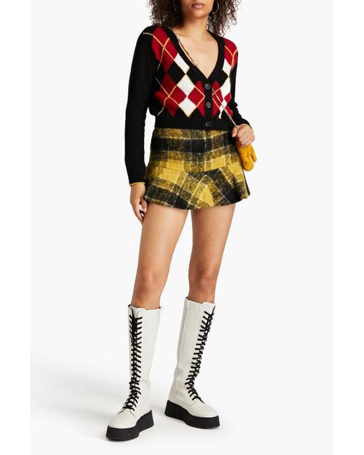 RED Valentino Yellow Skirt-effect Checked Brushed Wool-blend Felt Shorts