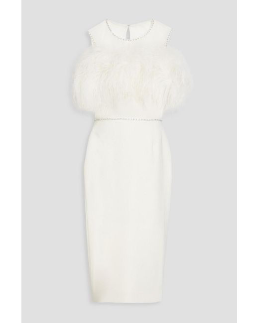 Jenny Packham White Feather-embellished Stretch-crepe Midi Dress