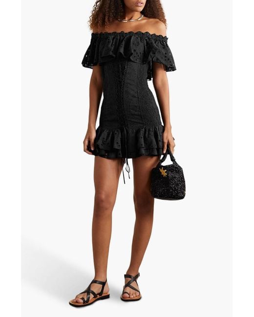 Charo Ruiz Black Pia Off-the-shoulder Ruffled Broderie Anglaise Cotton Mini Dress