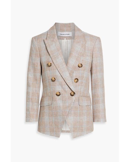 Veronica Beard White Empire Double-Breasted Prince Of Wales Checked Linen Blazer