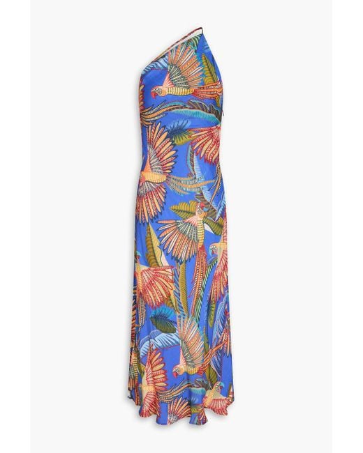 Farm Rio Blue One-shoulder Open-back Printed Satin Midi Dress