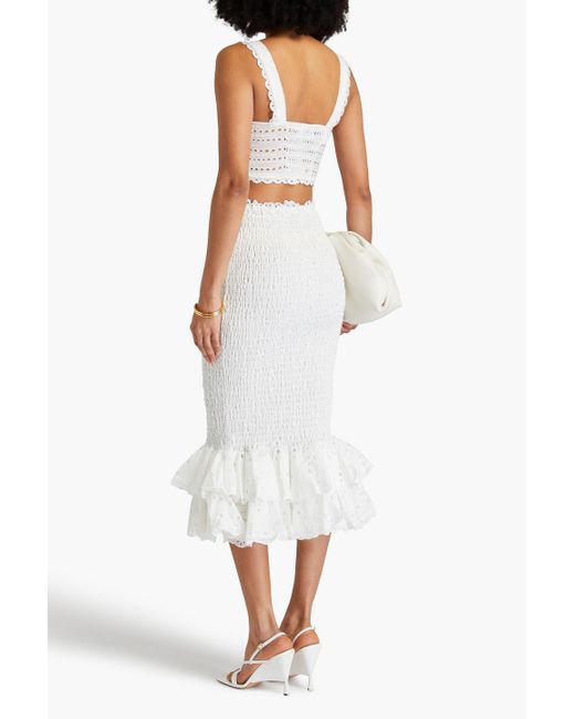 Charo Ruiz White Liliana Shirred Broderie Anglaise Cotton-Blend Midi Skirt