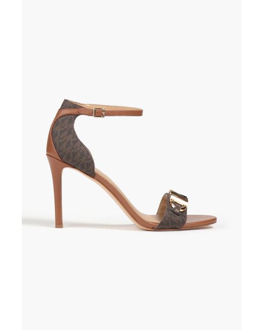 MICHAEL Michael Kors Brown Izzy Embellished Logo-print Textured Faux Leather Sandals