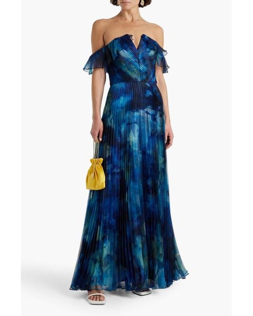 THEIA Blue Off-the-shoulder Pleated Printed Organza Gown