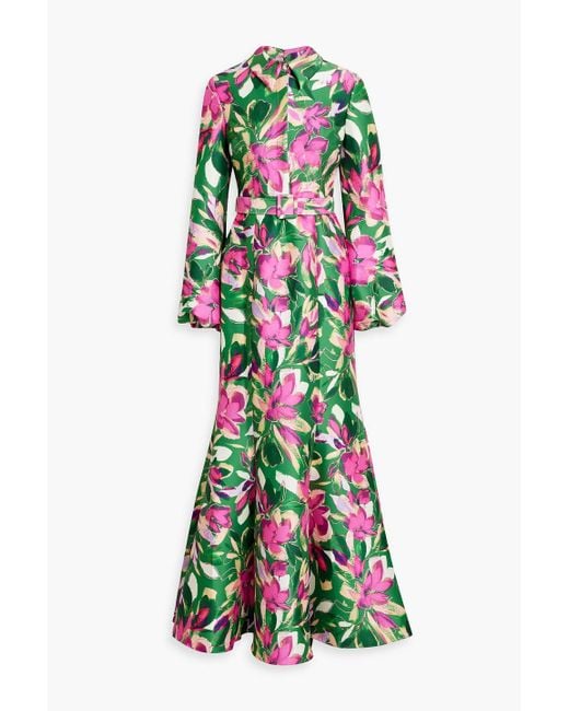Badgley Mischka White Belted Floral-Print Satin-Twill Gown