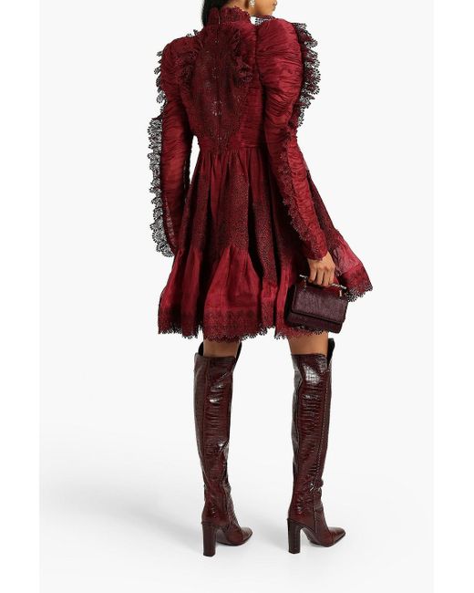Zimmermann Red Guipure Lace-trimmed Linen And Silk-blend Mini Dress