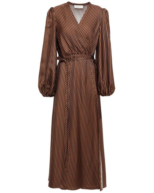 Zimmermann Brown Gathered Striped Satin-twill Midi Wrap Dress