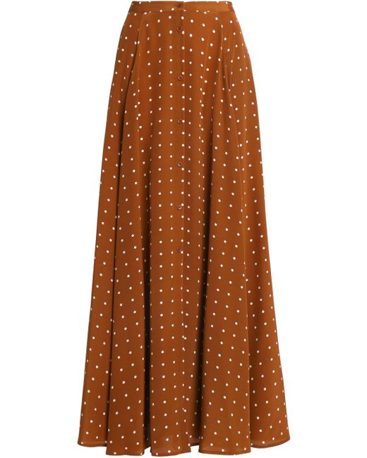Diane von Furstenberg Brown Pleated Polka-dot Silk Maxi Skirt