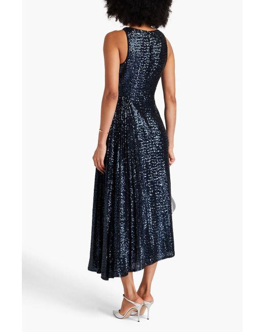 Badgley Mischka Blue Wrap-effect Sequined Stretch-tulle Midi Dress