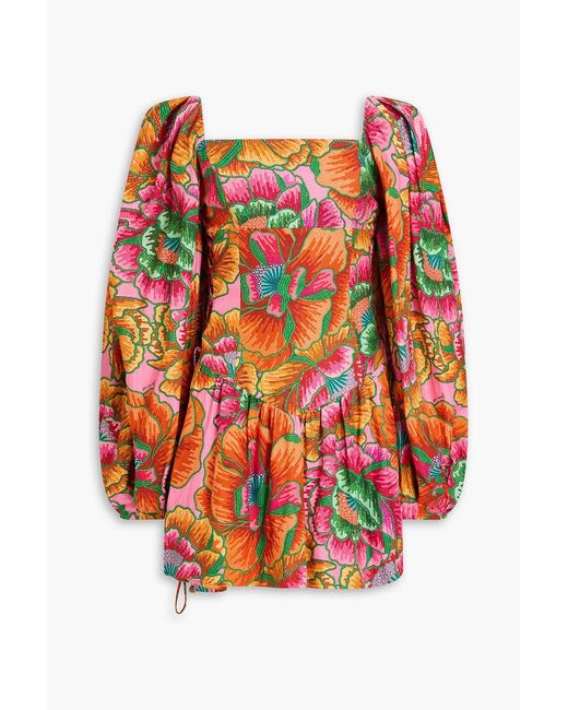 Farm Rio Red Floral-print Linen-blend Mini Dress
