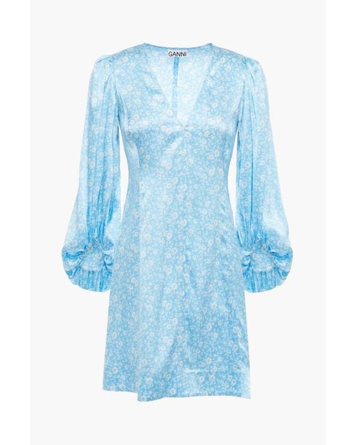Ganni Blue Gathered Floral-print Silk-blend Satin Mini Dress