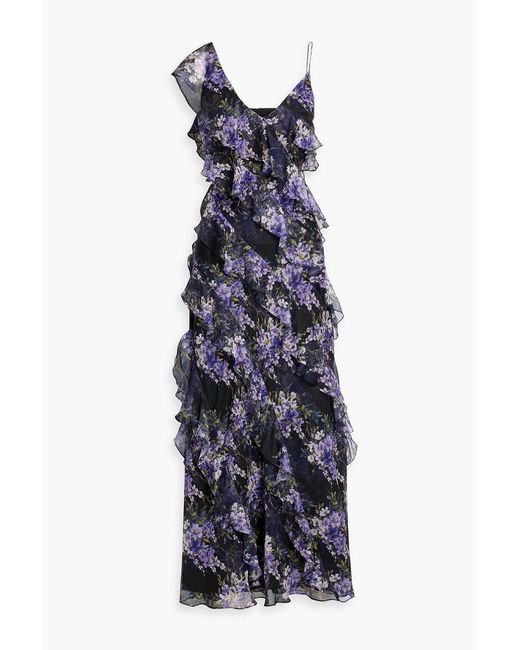 Mikael Aghal Blue Ruffled Floral-Print Chiffon Maxi Dress