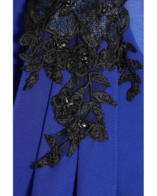 Marchesa Blue Appliquéd Draped Crepe Gown