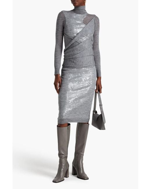 Victoria Beckham Gray Layered Sequin-embellished Wool-jersey Turtleneck Dress