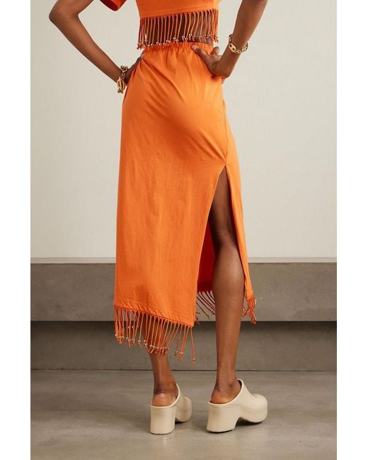 Rabanne Orange Fringed Embellished Gathered Cotton-Jersey Midi Skirt