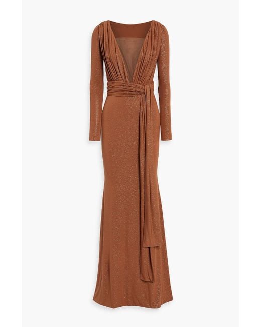 Rhea Costa Brown Ruched Tulle-paneled Glittered Jersey Gown