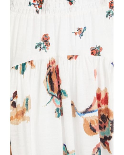 Vince White Shirred Floral-print Gauze Midi Skirt