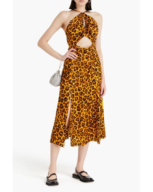 Sandro Metallic Cutout Ruched Leopard-print Satin-twill Midi Dress