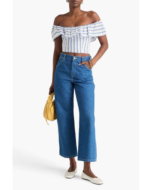 Claudie Pierlot Blue Cropped Off-the-shoulder Striped Lyocell-blend Top