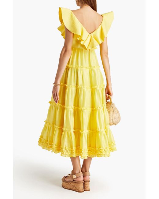 LEO LIN Tiered Slub Linen And Silk-blend Gauze Midi Dress in Yellow | Lyst  Canada