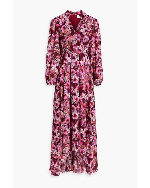 Mikael Aghal Red Wrap-effect Floral-print Fil Coupé Chiffon Maxi Dress