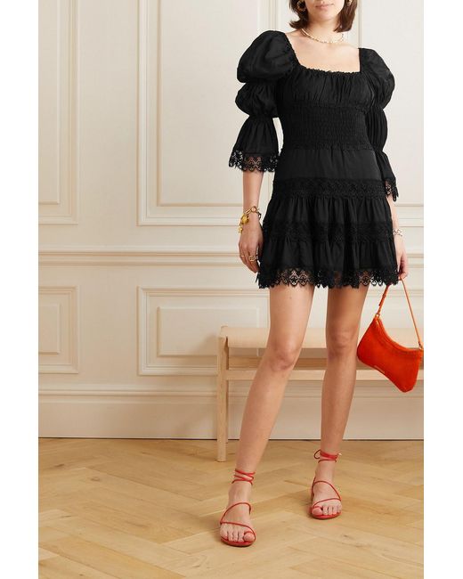 Charo Ruiz Black Nadia Shirred Guipure Lace-trimmed Cotton-blend Voile Mini Dress
