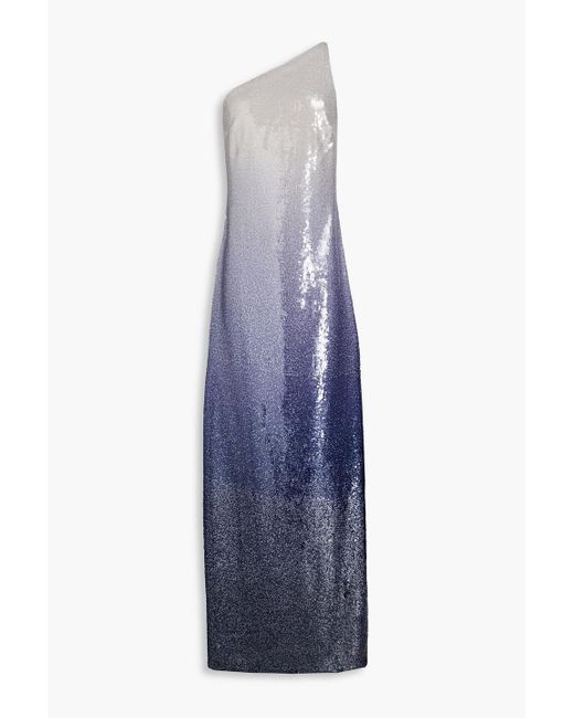 Halston Heritage Blue One-shoulder Dégradé Sequined Chiffon Gown