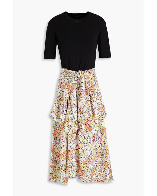 Maje Black Knotted Floral-print Satin-crepe And Stretch-cotton Jersey Midi Dress