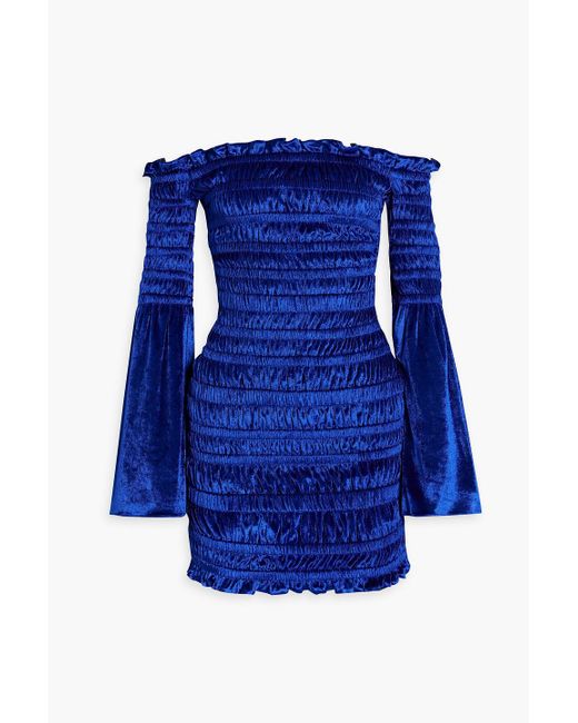 Area Blue Off-the-shoulder Shirred Stretch-chenille Mini Dress