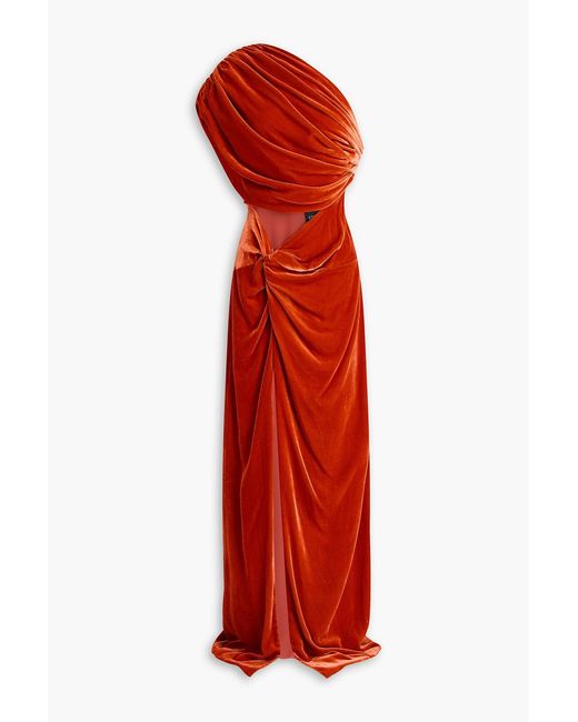 Costarellos Red One-shoulder Draped Cutout Velvet Gown