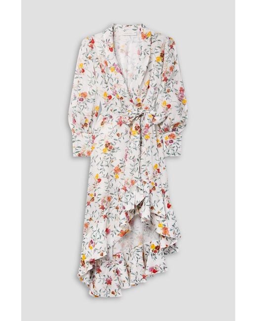 Zimmermann White Asymmetric Ruffled Floral-print Linen Midi Wrap Dress