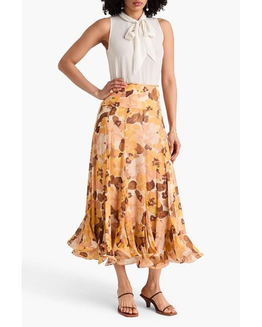 Zimmermann Yellow Fluted Floral-Print Crepe De Chine Midi Skirt