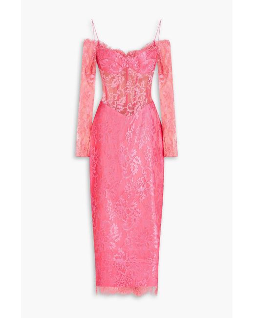 Rasario Pink Cold-shoulder Lace Midi Dress