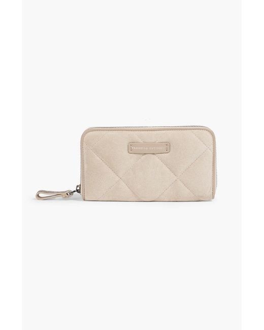 Brunello Cucinelli Natural Bead-Embellished Quilted Suede Wallet