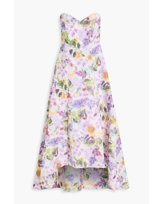 Badgley Mischka White Strapless Floral-Print Taffeta Gown