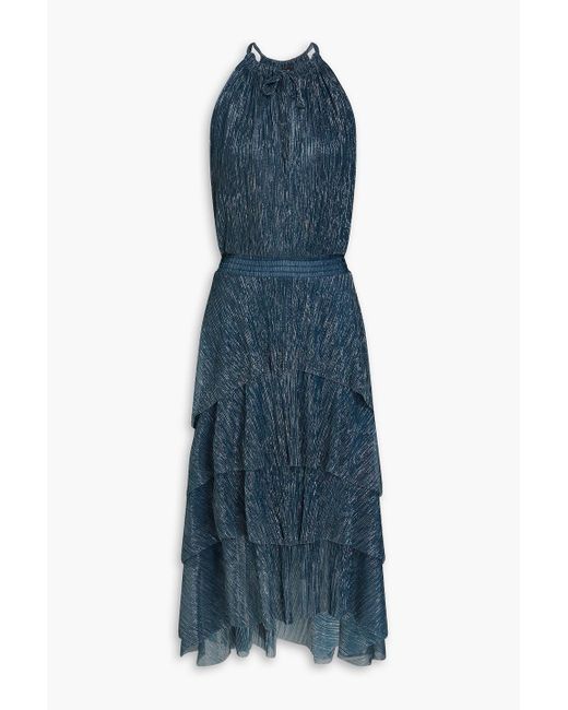Maje Blue Tiered Metallic Plissé-Jersey Midi Dress