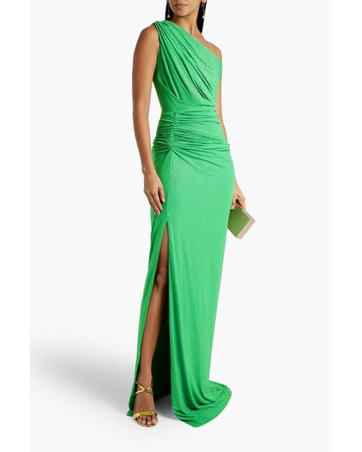 Rhea Costa Green One-shoulder Ruched Glittered Jersey Gown