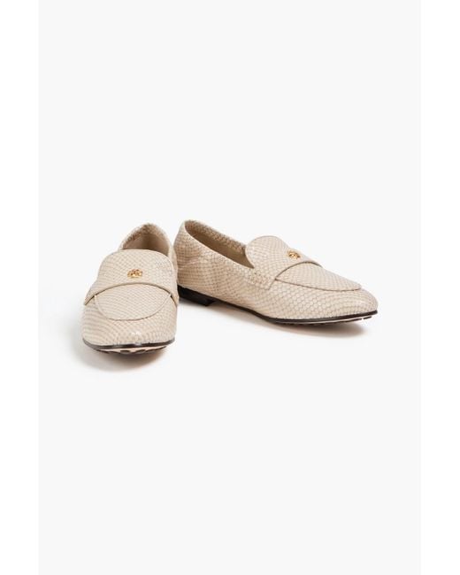 Tory Burch White Embellished Snake-Effect Leather Loafers