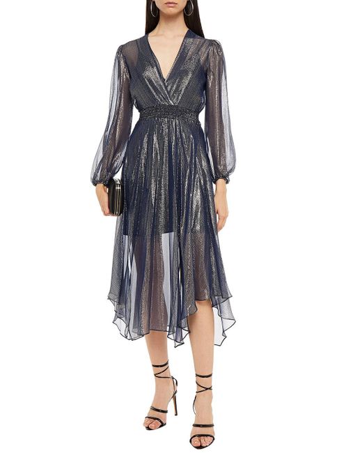 sachin and babi light blue dress Maje Ruit Wrap-effect Metallic Silk-blend Chiffon Midi Dress in Blue