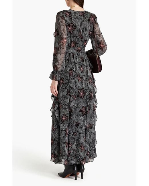 Diane von Furstenberg Black Gilligan Ruffled Printed Chiffon Maxi Dress