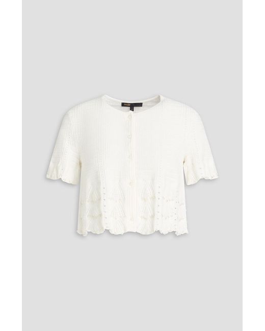 Maje Natural Cropped Embellished Pointelle-Knit Cotton-Blend Cardigan