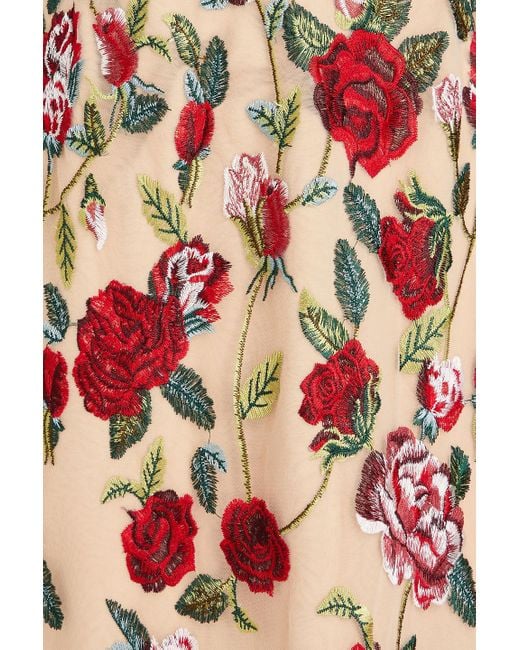 Marchesa Red Embroide Tulle Midi Dress