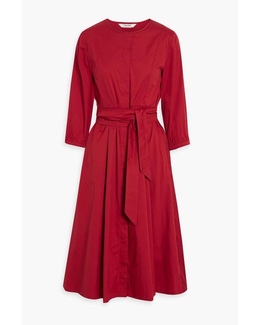 Max Mara Red Gloria Belted Cotton-blend Poplin Midi Dress