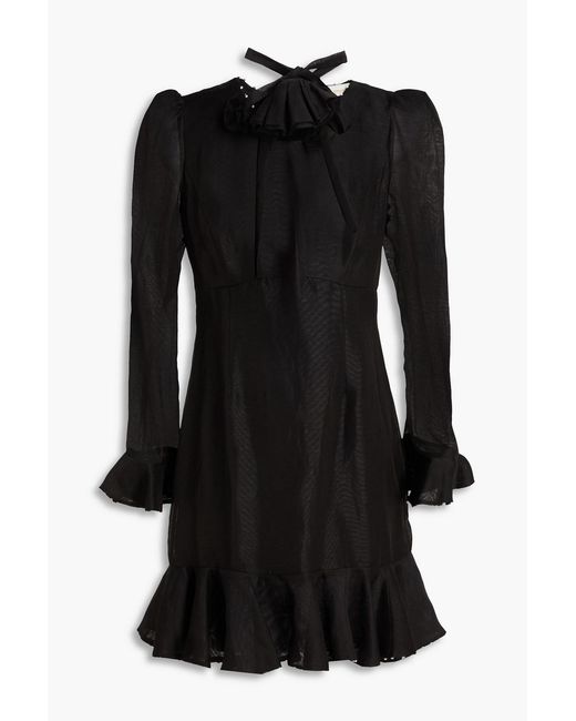 Zimmermann Black Ruffled Embellished Linen And Silk Blend-Gauze Mini Dress