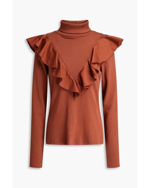 Veronica Beard Brown Avalon Poplin-Trimmed Pima Cotton-Blend Turtleneck Top