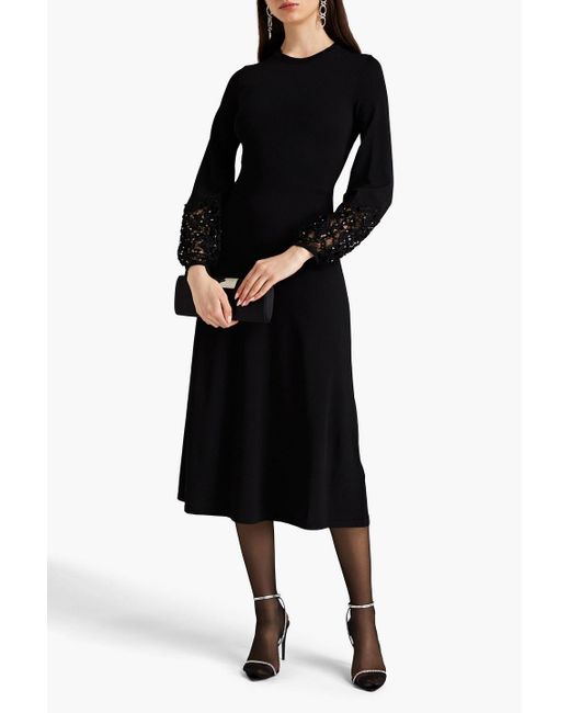 Valentino Garavani Black Embellished Lace-trimmed Knitted Midi Dress