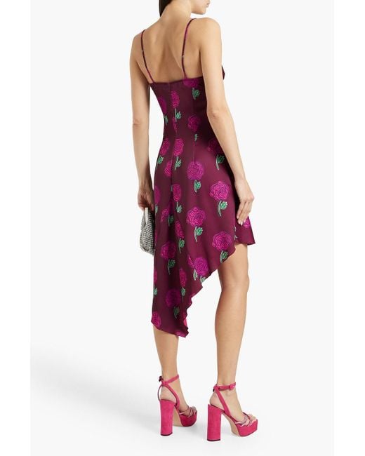 Versace Purple Asymmetric Floral-print Satin-crepe Dress